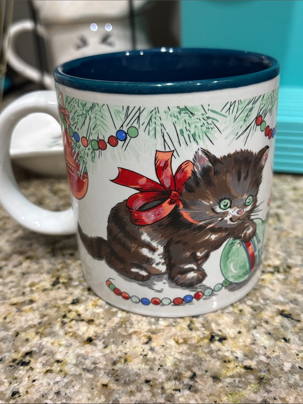 Potpourri Press Vintage Holiday Brown Kitten Mug with Blue Interior